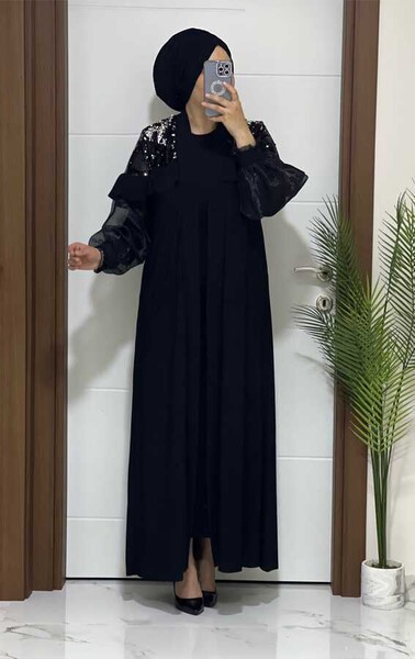 3031 K85 KOL PUL PAYET DETAY ABAYA SİYAH - 1