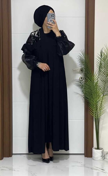 3031 K85 KOL PUL PAYET DETAY ABAYA SİYAH - 2