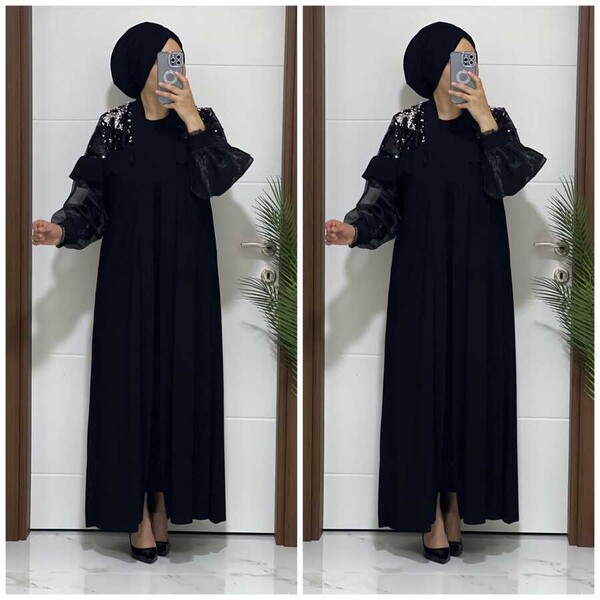 3031 K85 KOL PUL PAYET DETAY ABAYA SİYAH - 3